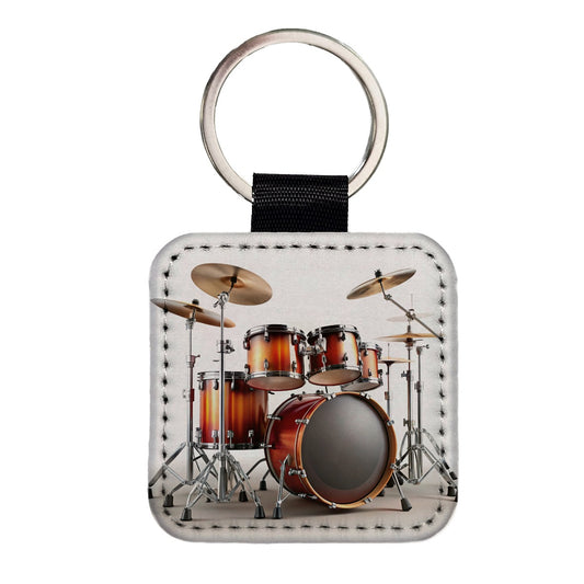 Drum Kit Square Faux Leather Keychain