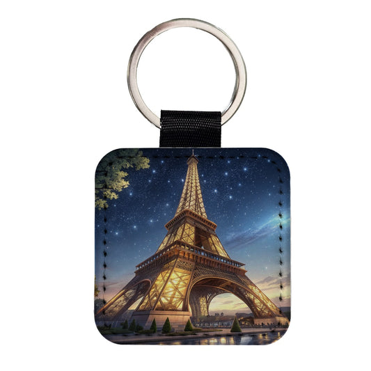Eiffel Tower Paris At Night Illustration Square Faux Leather Keychain