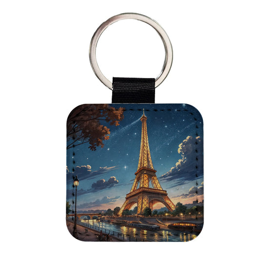 Eiffel Tower Paris France Illustration Square Faux Leather Keychain
