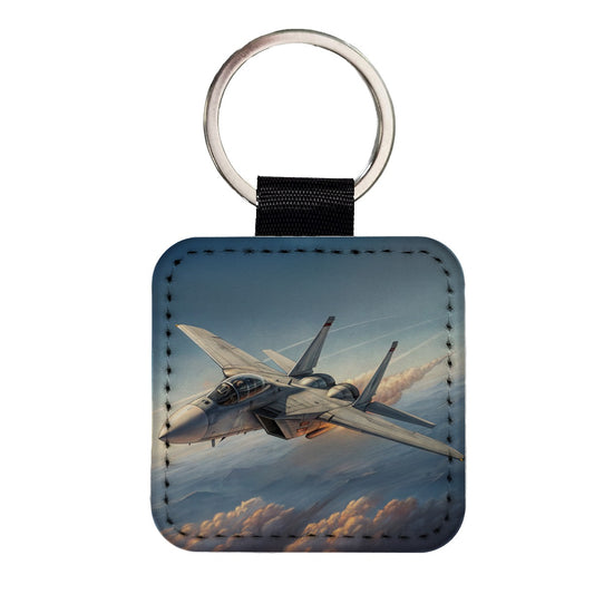 F-14 Tomcat United States Navy Air Superiority Plane In Flight Cold War Era Square Faux Leather Keychain