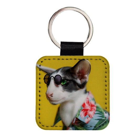 Funny Cat With Glasses And Hawaiian Shirt Square Faux Leather Keychain