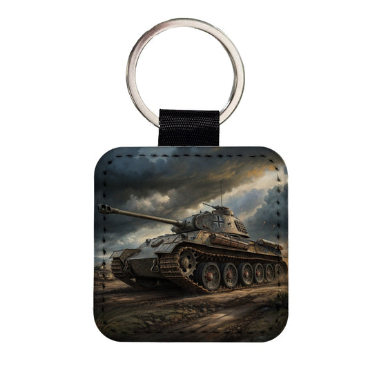 German Panther WWII Tank Square Faux Leather Keychain