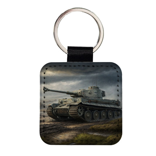 German Tiger WWII Tank Square Faux Leather Keychain