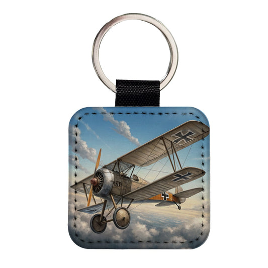 German WWI Biplane In Flight Square Faux Leather Keychain