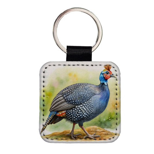 Guinea Fowl Colorful Watercolor Square Faux Leather Keychain