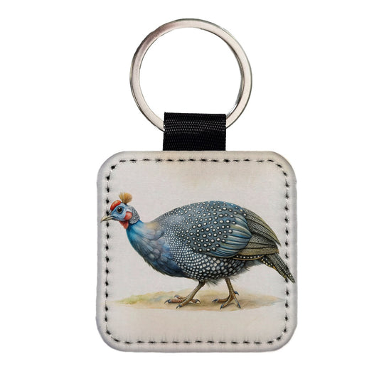 Guinea Fowl Watercolor Square Faux Leather Keychain