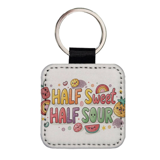 Half Sweet Half Sour Funny Candy Square Faux Leather Keychain