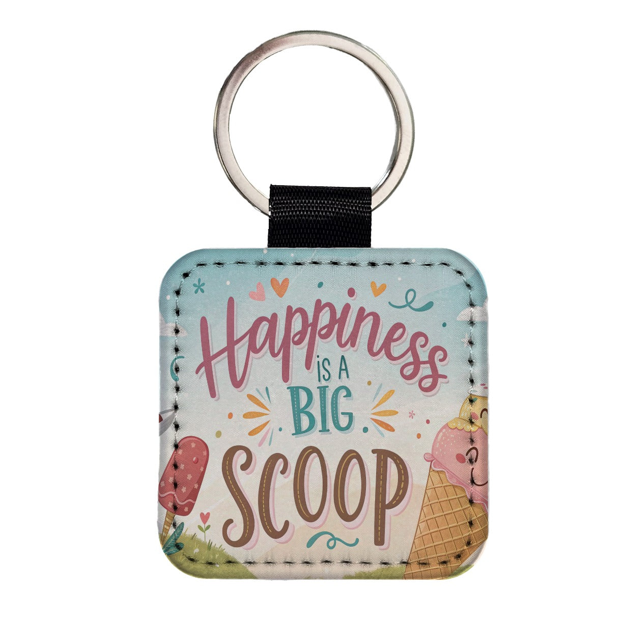 Happiness Is A Big Scoop Ice Cream Funny Square Faux Leather Keychain