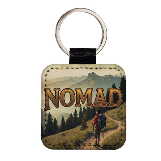 Hiking Nomad Funny Hiker in Wilderness Mountains Forest Square Faux Leather Keychain