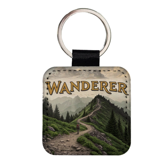 Hiking Wanderer Funny Wilderness Mountains Forest Square Faux Leather Keychain