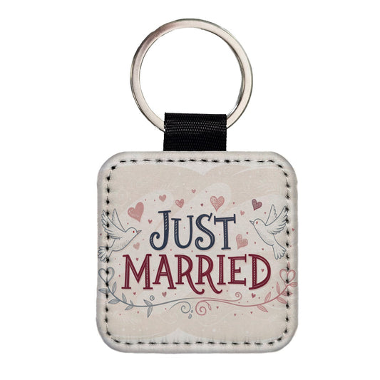 Just Married Doves Hearts Square Faux Leather Keychain