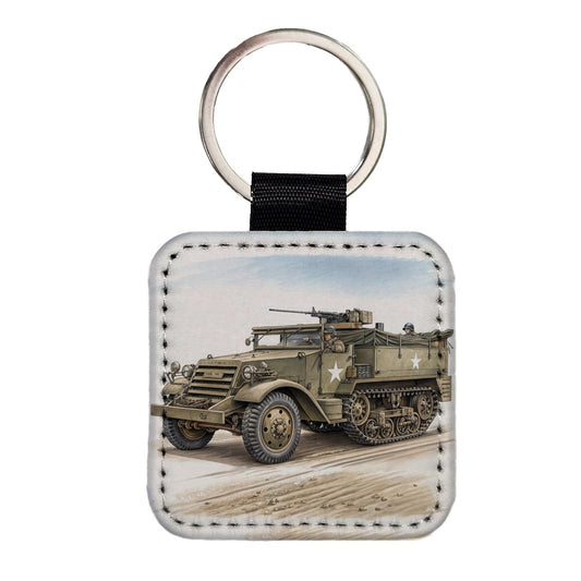 M3 Half-Track WWII Armored Personnel Carrier Square Faux Leather Keychain