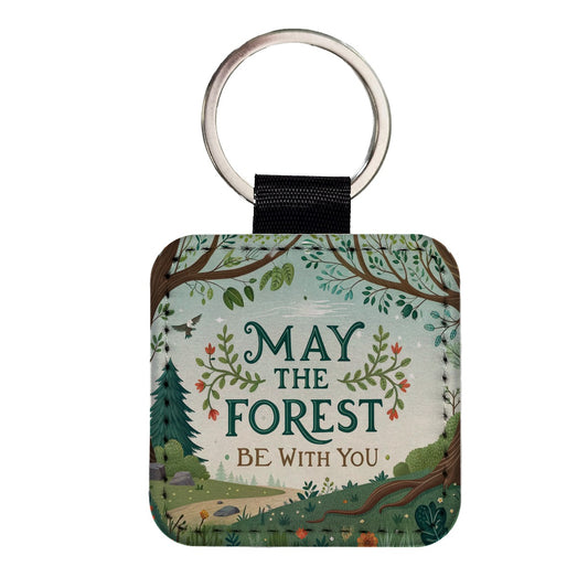 May The Forest Be With You Funny Hiking Camping Square Faux Leather Keychain