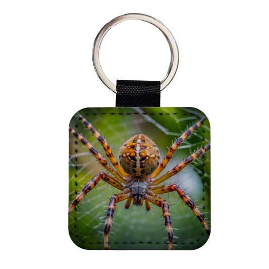 Orb Weaver Spider Square Faux Leather Keychain