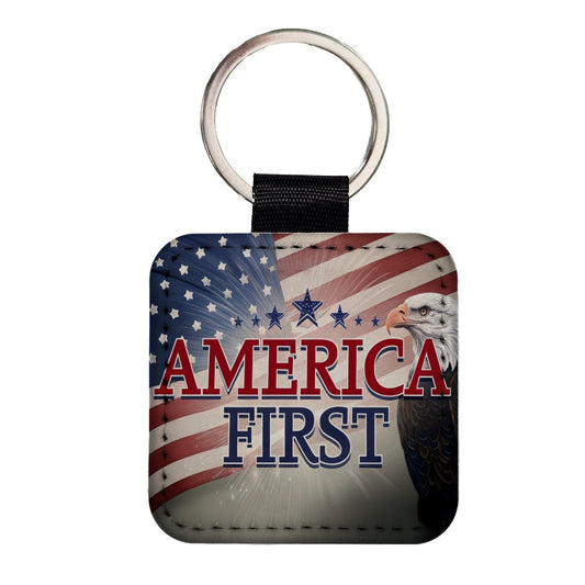 Patriotic America USA American Flag Bald Eagle Square Faux Leather Keychain