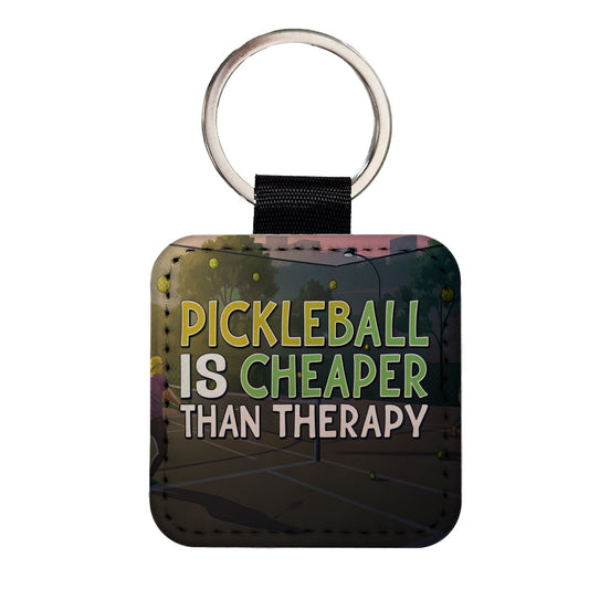 Pickleball Is Cheaper Than Therapy Funny Square Faux Leather Keychain