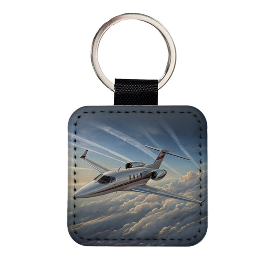 Private Jet In Flight Square Faux Leather Keychain
