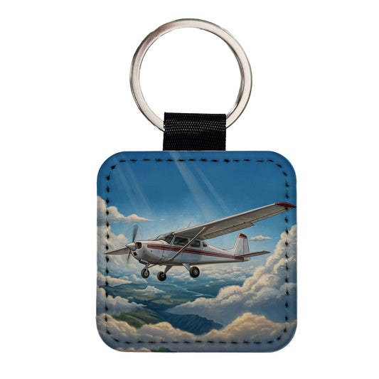 Private Single Prop Plane In Flight Square Faux Leather Keychain