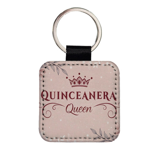 Quinceanera Queen Celebration Square Faux Leather Keychain