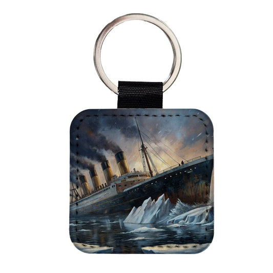 RMS Titanic Ship Hitting Iceberg Sinking Square Faux Leather Keychain