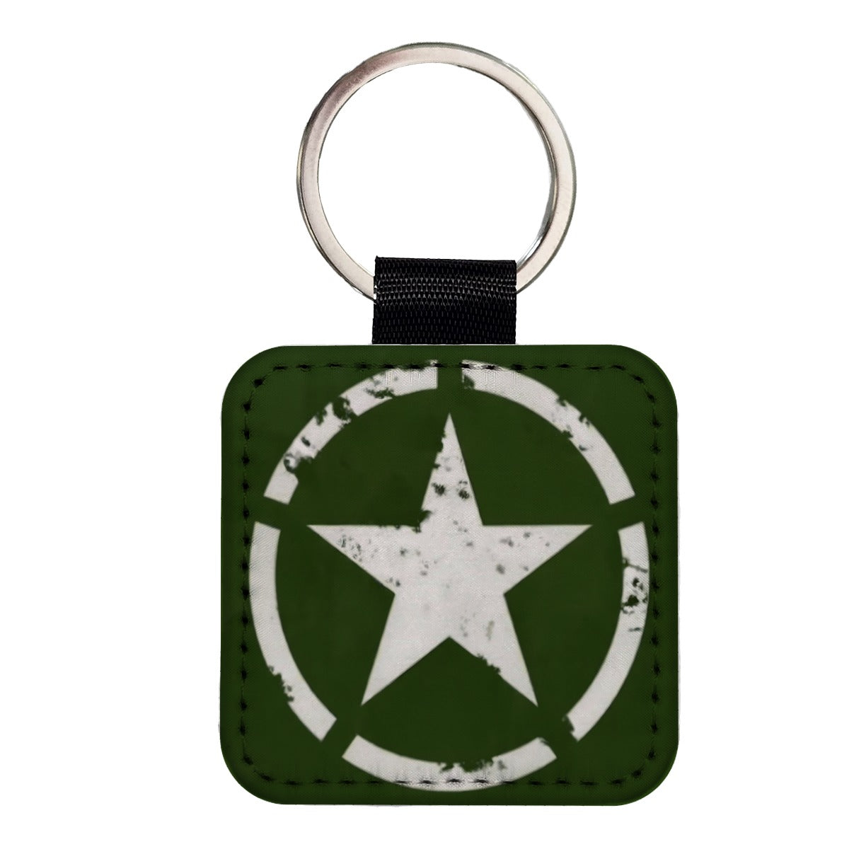 Rustic White Army Star On Olive Green Square Faux Leather Keychain