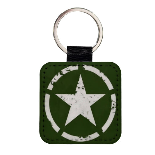 Rustic White Army Star On Olive Green Square Faux Leather Keychain