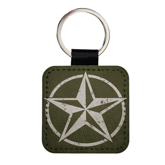 Rustic White Military Army Compass Star Square Faux Leather Keychain