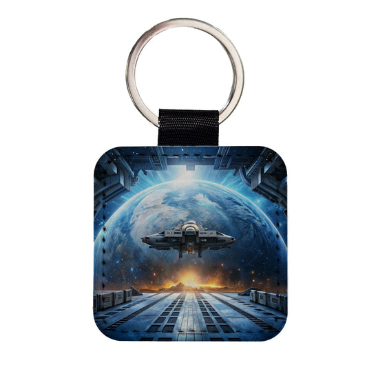 Spaceship Entering Station Spacedock Square Faux Leather Keychain