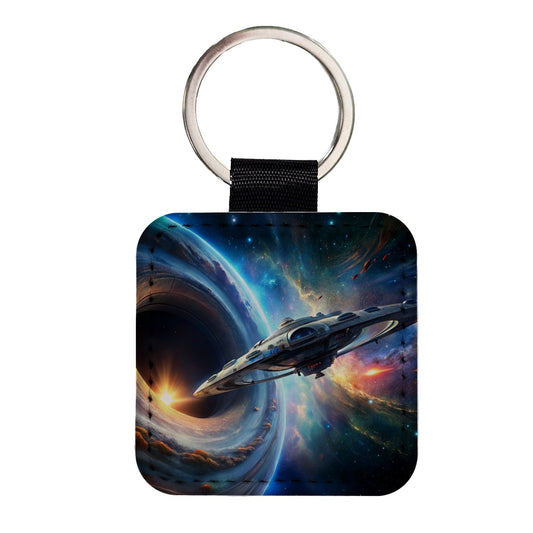 Starship Spaceship Coming Out Of Space Wormhole Square Faux Leather Keychain