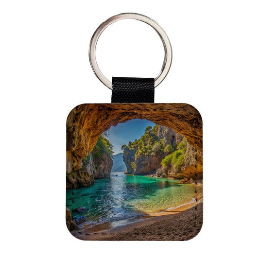 Tropical Beach In A Hidden Grotto Square Faux Leather Keychain