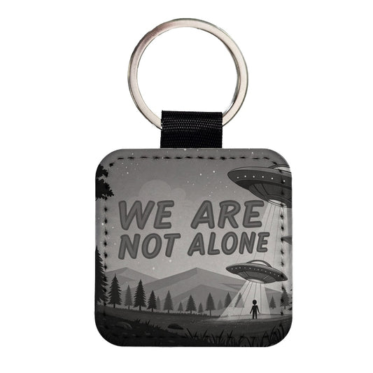 We Are Not Alone Funny Retro UFO Black And White Square Faux Leather Keychain