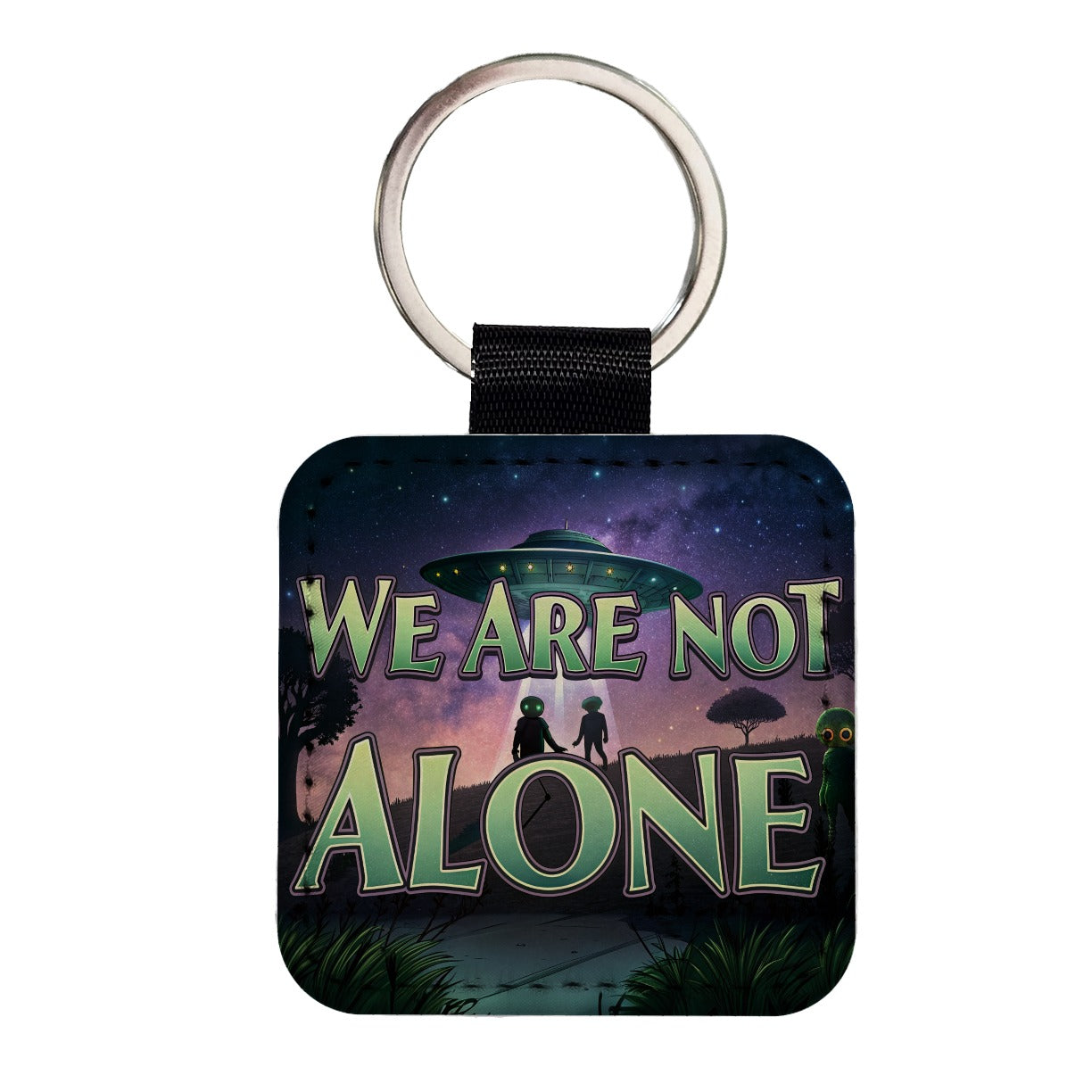 We Are Not Alone UFO Aliens Square Faux Leather Keychain