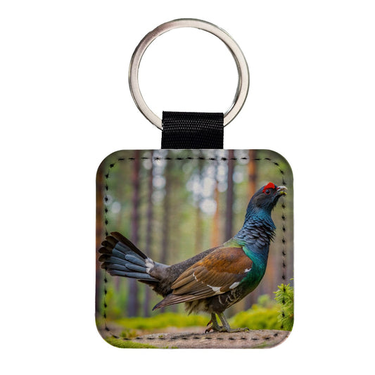 Western Capercaillie Wood Grouse Bird Square Faux Leather Keychain