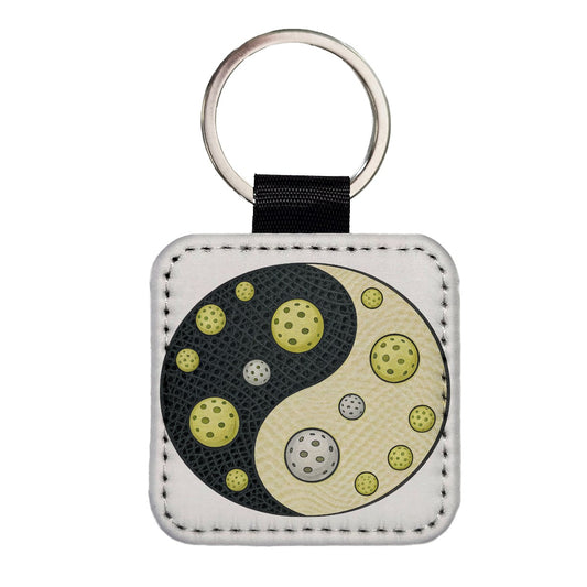 Yin Yang Funny Pickleball Pattern Square Faux Leather Keychain