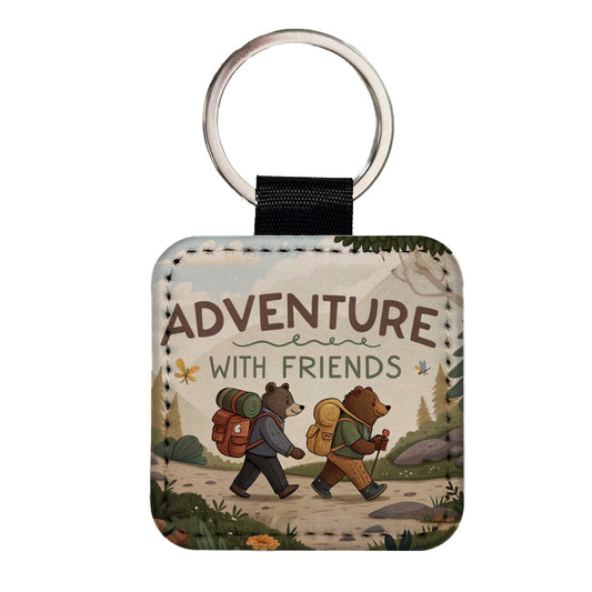 Adventure With Friends Hiking Bears Square Faux Leather Keychain