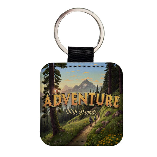Adventure With Friends Hiking Camping Square Faux Leather Keychain