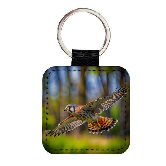 American Kestrel Raptor in Flight Square Faux Leather Keychain