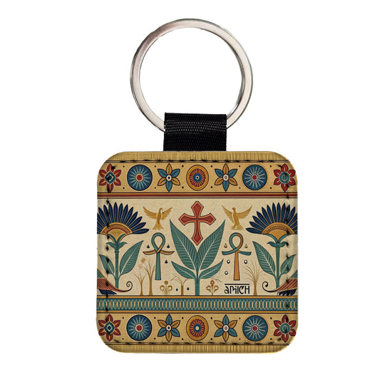 Ancient Egyptian Pattern Ankh Square Faux Leather Keychain