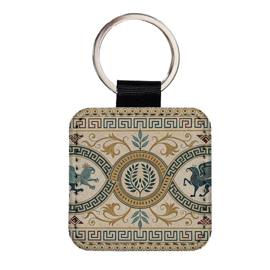 Ancient Greek Pattern Griffins Square Faux Leather Keychain
