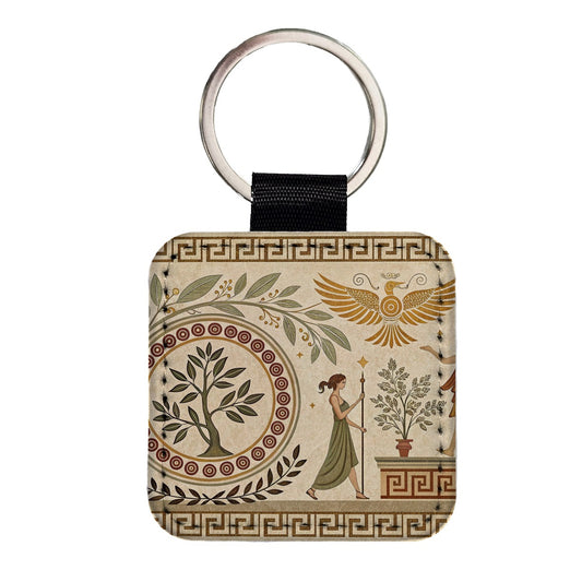 Ancient Greek Tree Pattern Square Faux Leather Keychain