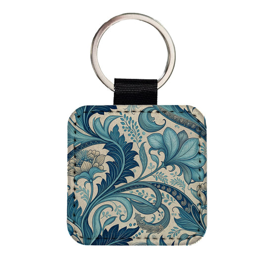 Art Nouveau Blue Leaf Flowers Square Faux Leather Keychain
