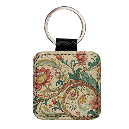 Art Nouveau Flower Leaf Pattern Square Faux Leather Keychain