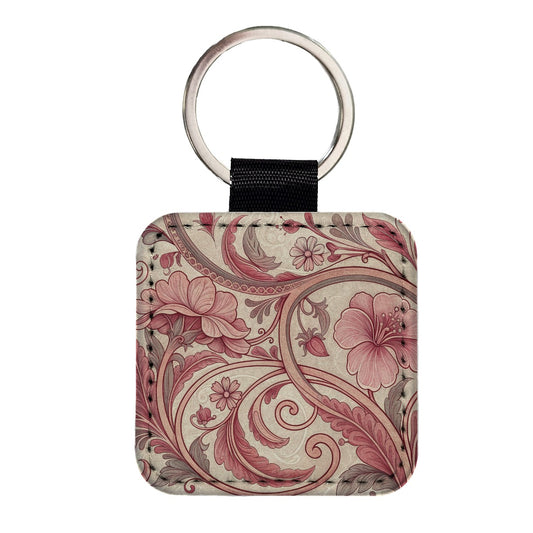 Art Nouveau Pattern Pink Leaf Flowers Square Faux Leather Keychain