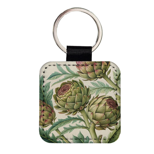 Artichoke Illustration Pattern Square Faux Leather Keychain
