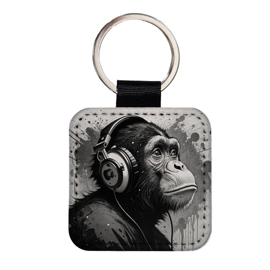 Artsy B&W Monkey with Headphones Square Faux Leather Keychain