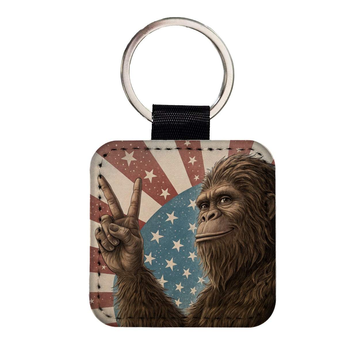 Bigfoot Giving Peace Sign Rising American Flag Square Faux Leather Keychain
