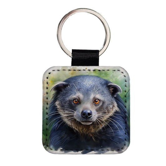 Binturong Bearcat Watercolor Style Square Faux Leather Keychain