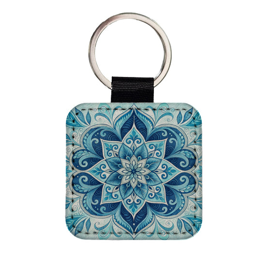 Blue Symmetrical Artistic Floral Pattern Square Faux Leather Keychain