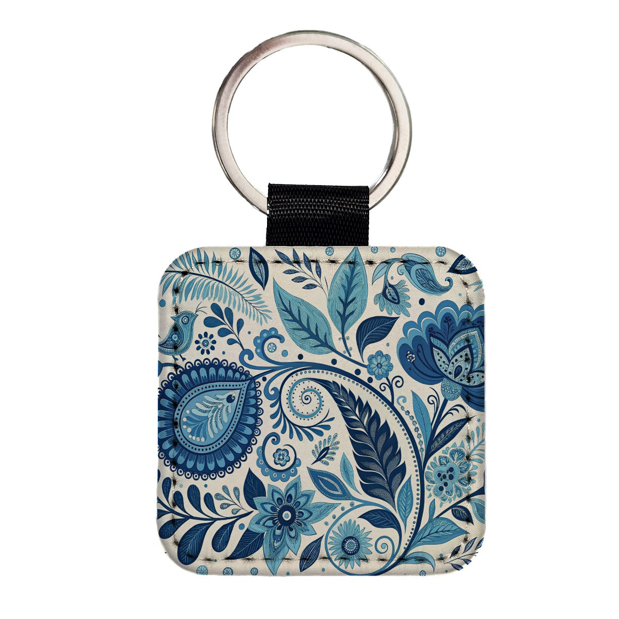Blue Traditional Folk Art Floral Pattern Square Faux Leather Keychain