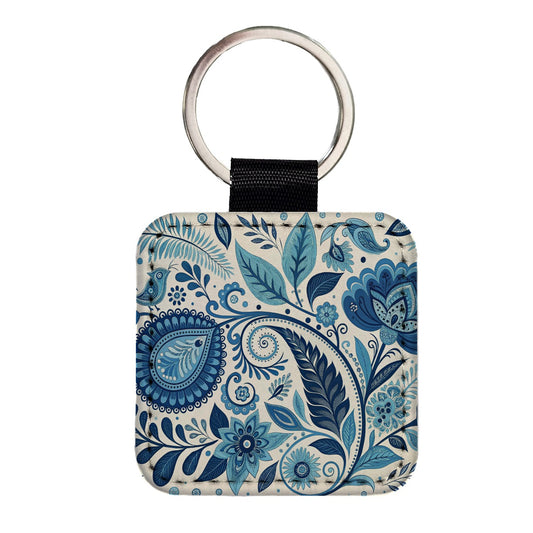 Blue Traditional Folk Art Floral Pattern Square Faux Leather Keychain